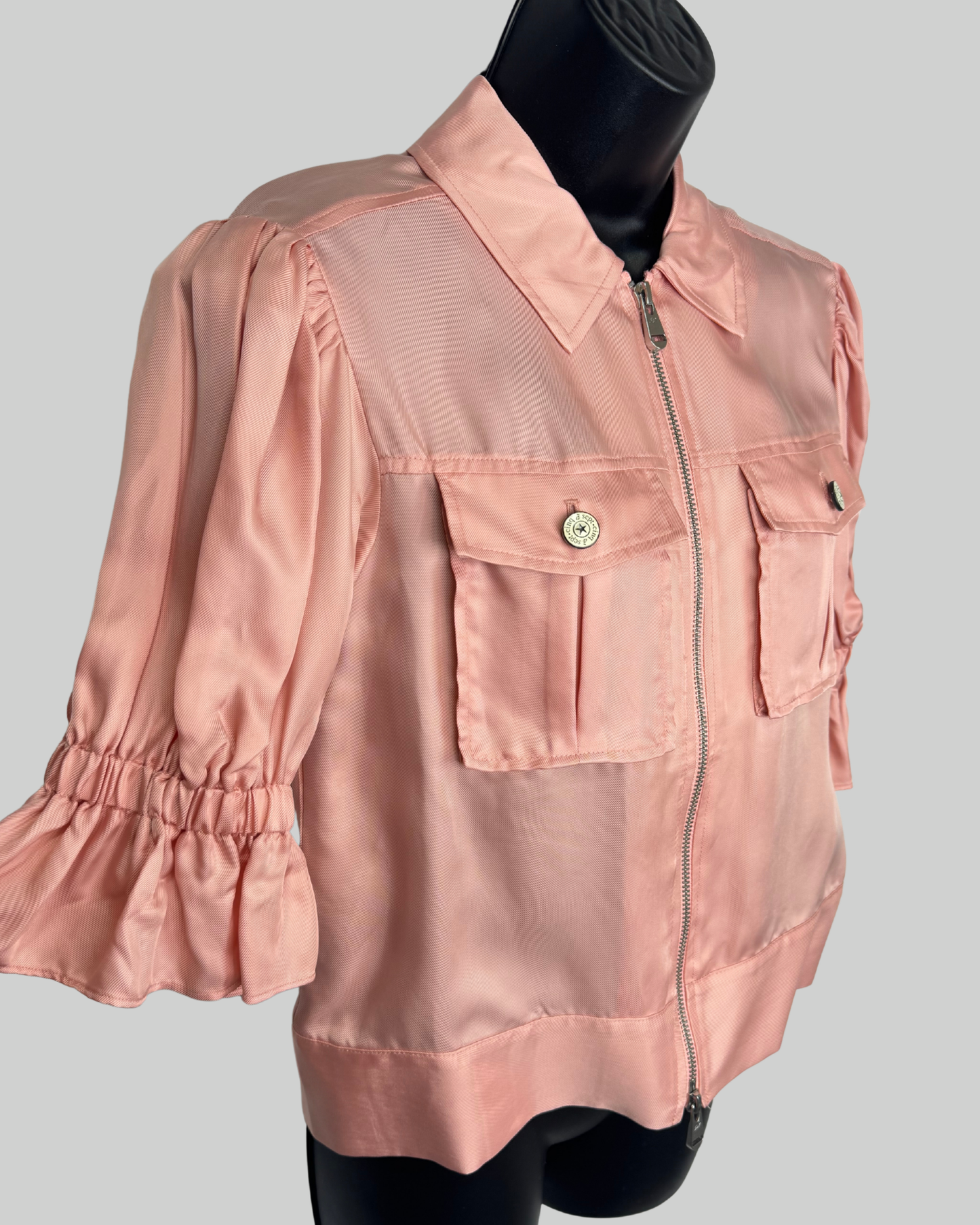 Cinq a Sept Satin Pink 1/2 Puff Ruffle Sleeve Zip Up Double Breasted Jacket