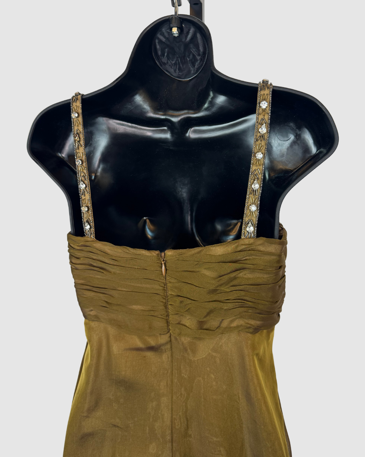 Badgley Mischka Silk Bronze Sleeveless Mini Dress w/ Rhinestone Straps