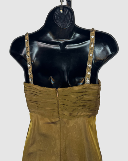 Badgley Mischka Silk Bronze Sleeveless Mini Dress w/ Rhinestone Straps