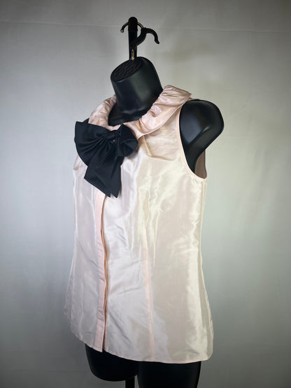 Lafayette 148 Silk Light Pink Ruffle Neckline Sleeveless Bow Button Top NWT