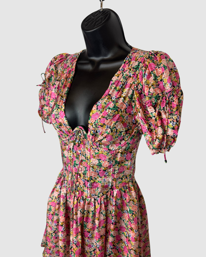 For Love & Lemons Pink Multi Floral Short Puff Sleeve Corset Mini Dress