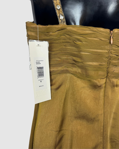 Badgley Mischka Silk Bronze Sleeveless Mini Dress w/ Rhinestone Straps