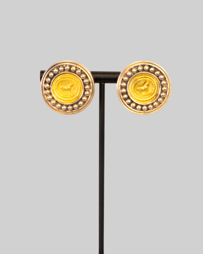 Vintage Esti Frederica Sterling Silver & 18k Gold Medallion Clip on Earrings with Horse Image