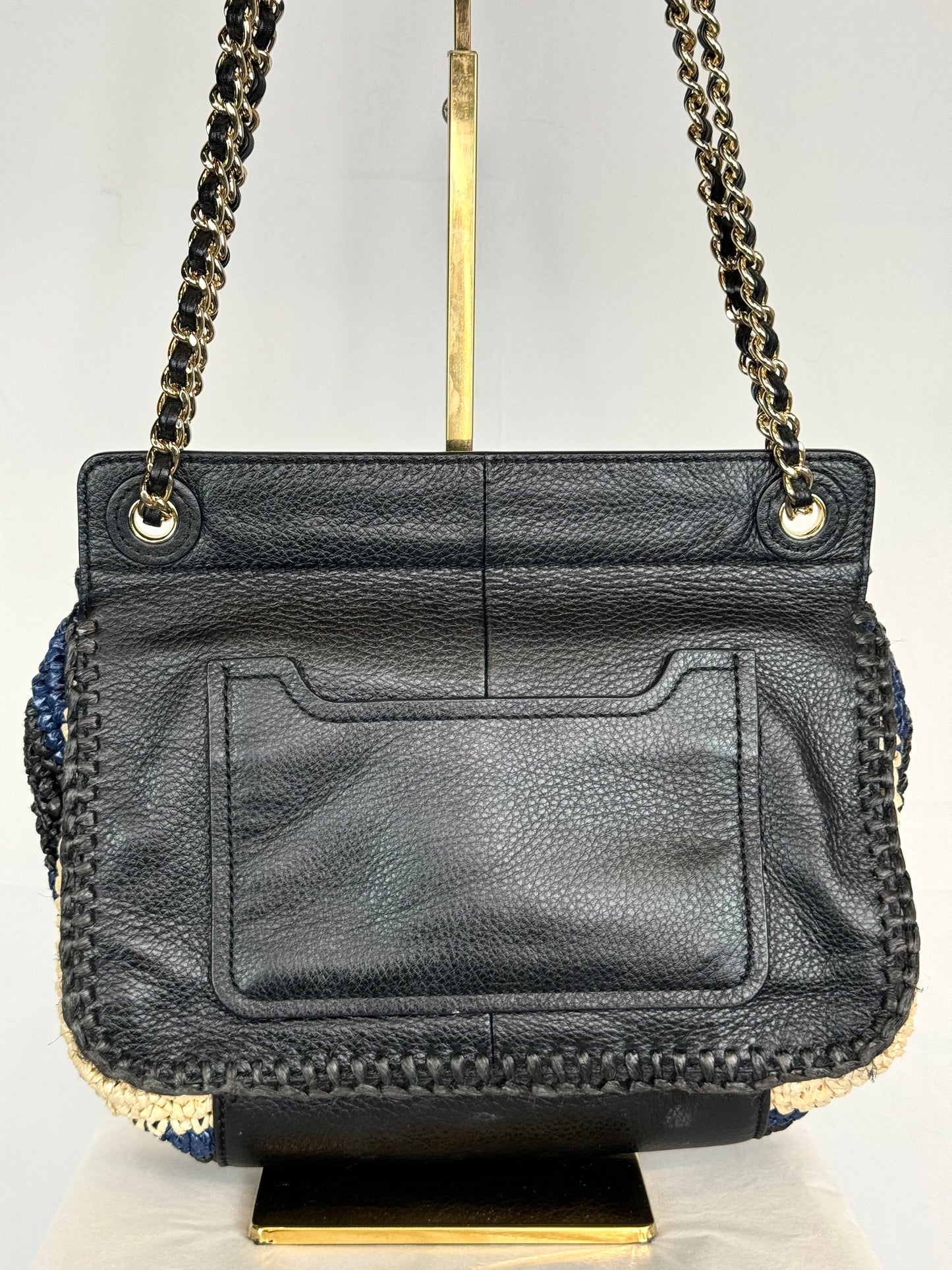 Tory Burch  Black Blue & Tan Woven Crossbody Bag w/ Black Leather Flap