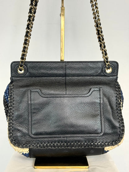 Tory Burch  Black Blue & Tan Woven Crossbody Bag w/ Black Leather Flap