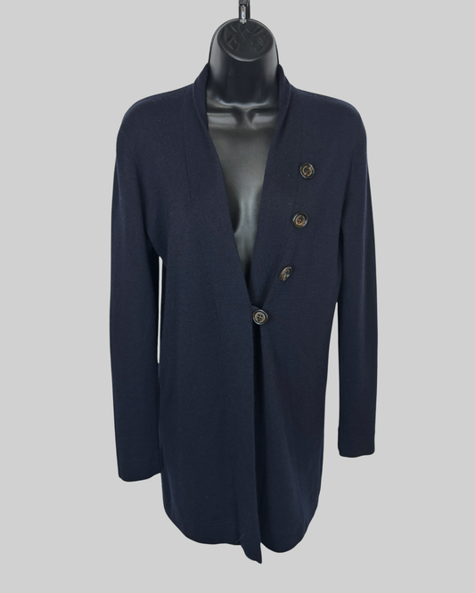 Brunello Cucinelli Navy Silk/Cashmere Button Detail Long Sleeve Cardigan