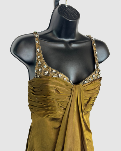 Badgley Mischka Silk Bronze Sleeveless Mini Dress w/ Rhinestone Straps