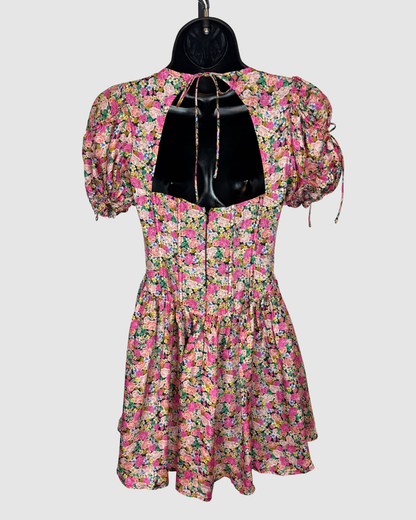 For Love & Lemons Pink Multi Floral Short Puff Sleeve Corset Mini Dress