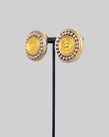 Vintage Esti Frederica Sterling Silver & 18k Gold Medallion Clip on Earrings with Horse Image