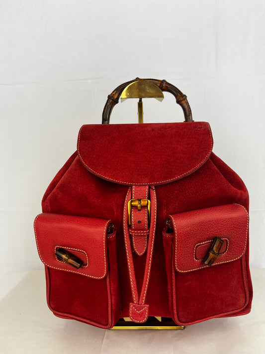 Gucci Red Suede Bamboo Backpack