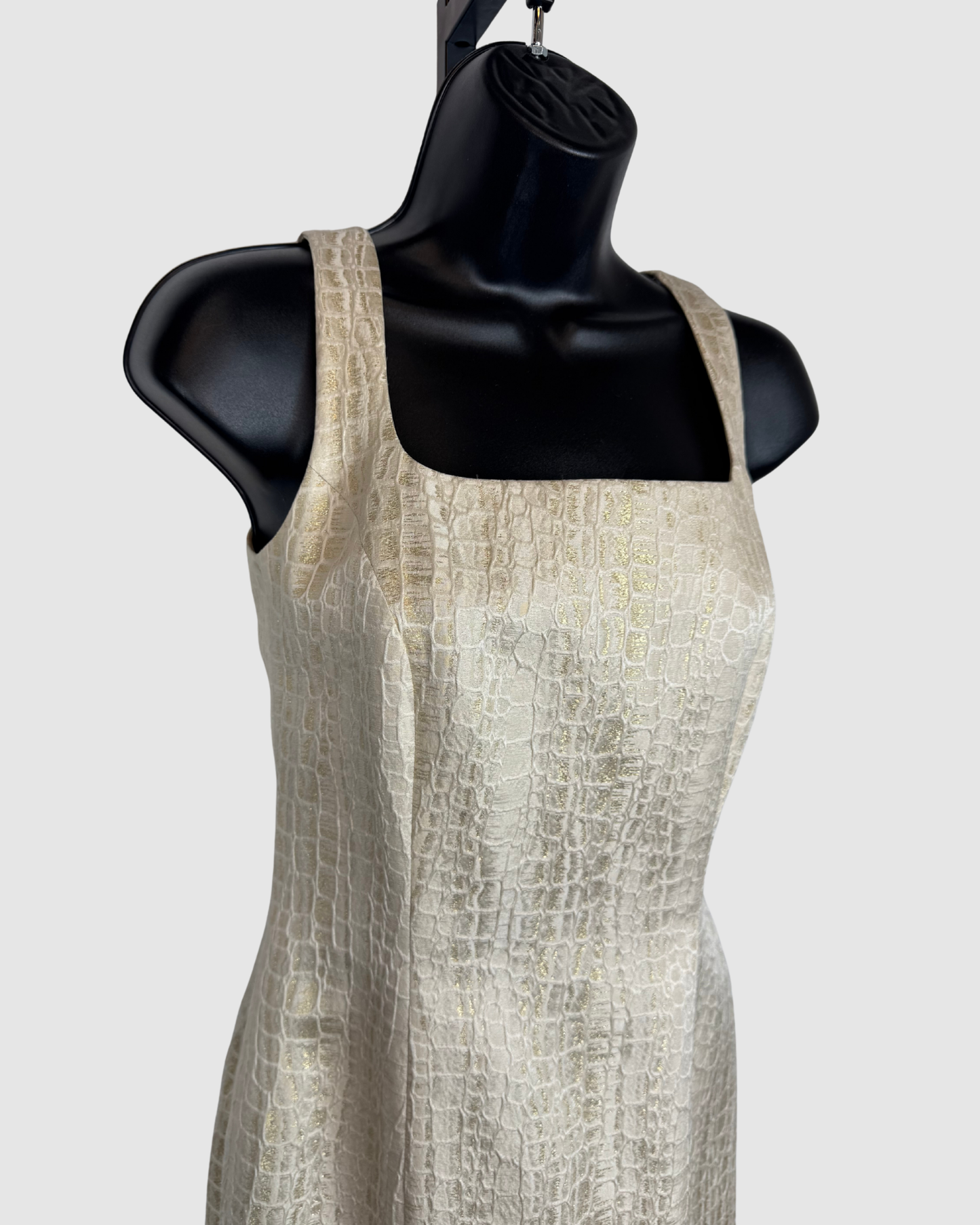 Escada Couture Silk Cream Gold Snake-print Square Neck Fitted Mini Dress