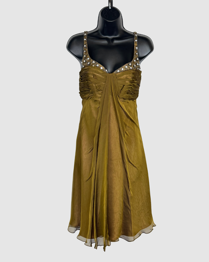Badgley Mischka Silk Bronze Sleeveless Mini Dress w/ Rhinestone Straps