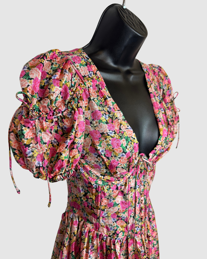 For Love & Lemons Pink Multi Floral Short Puff Sleeve Corset Mini Dress