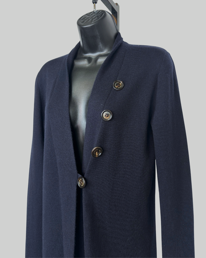 Brunello Cucinelli Navy Silk/Cashmere Button Detail Long Sleeve Cardigan