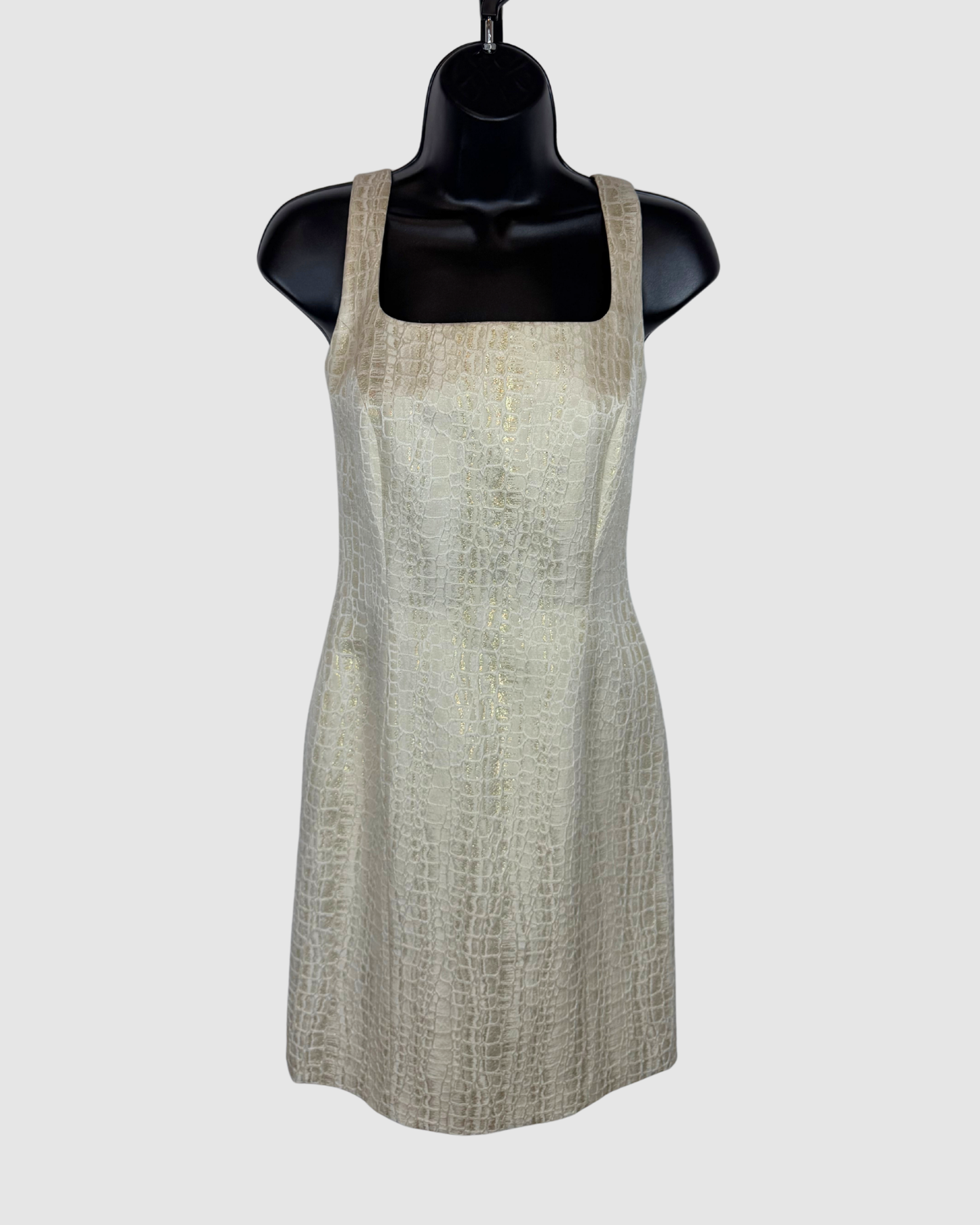 Escada Couture Silk Cream Gold Snake-print Square Neck Fitted Mini Dress
