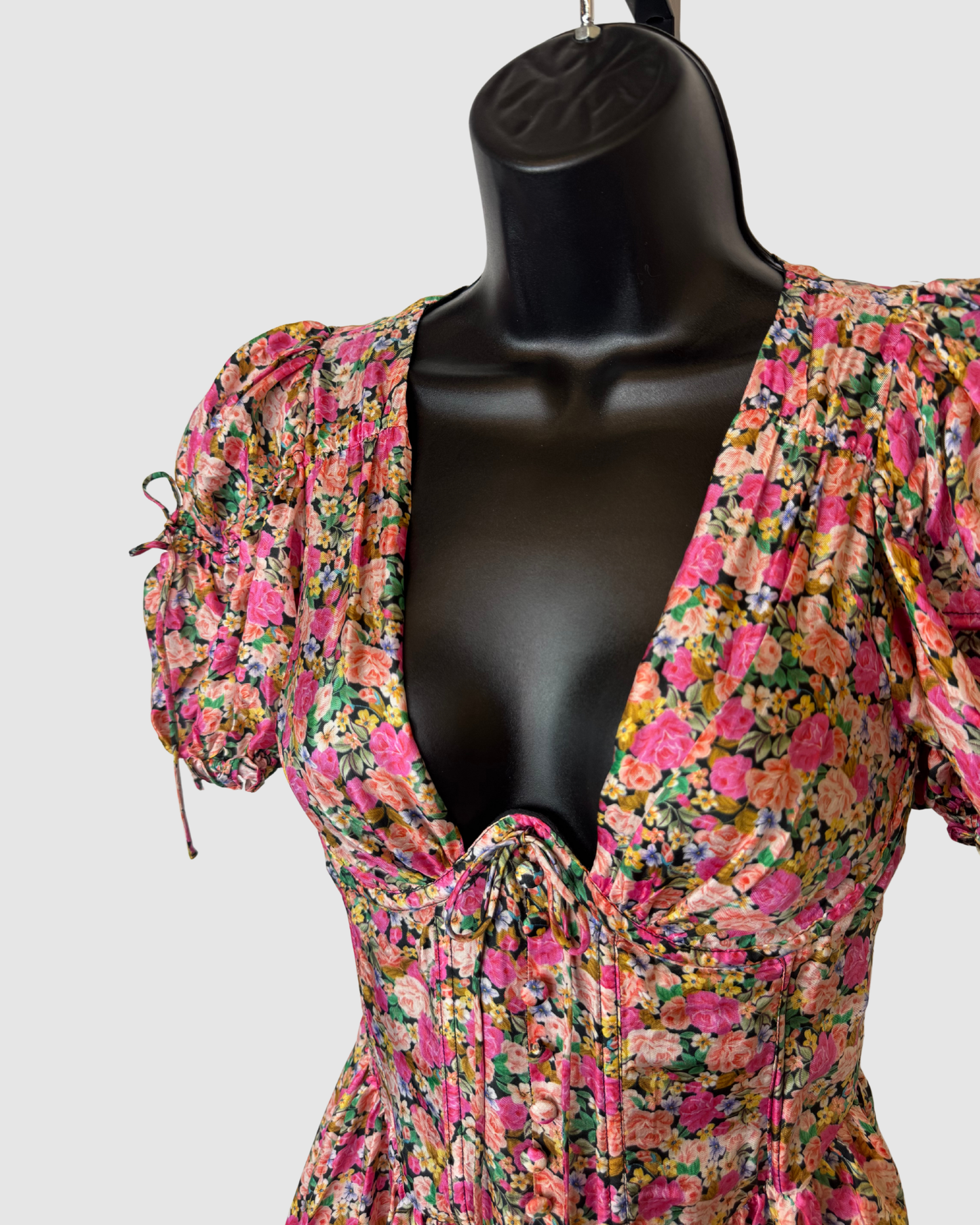 For Love & Lemons Pink Multi Floral Short Puff Sleeve Corset Mini Dress