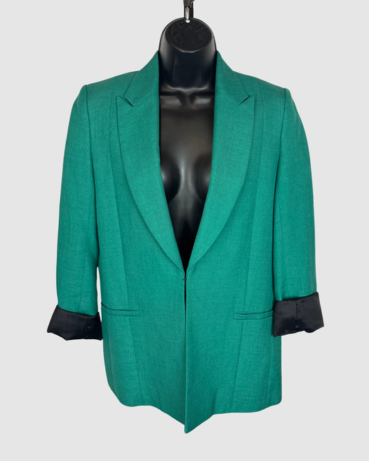 Victoria Beckham Lined Emerald Green Satin Black Trim Single Clasp Blazer