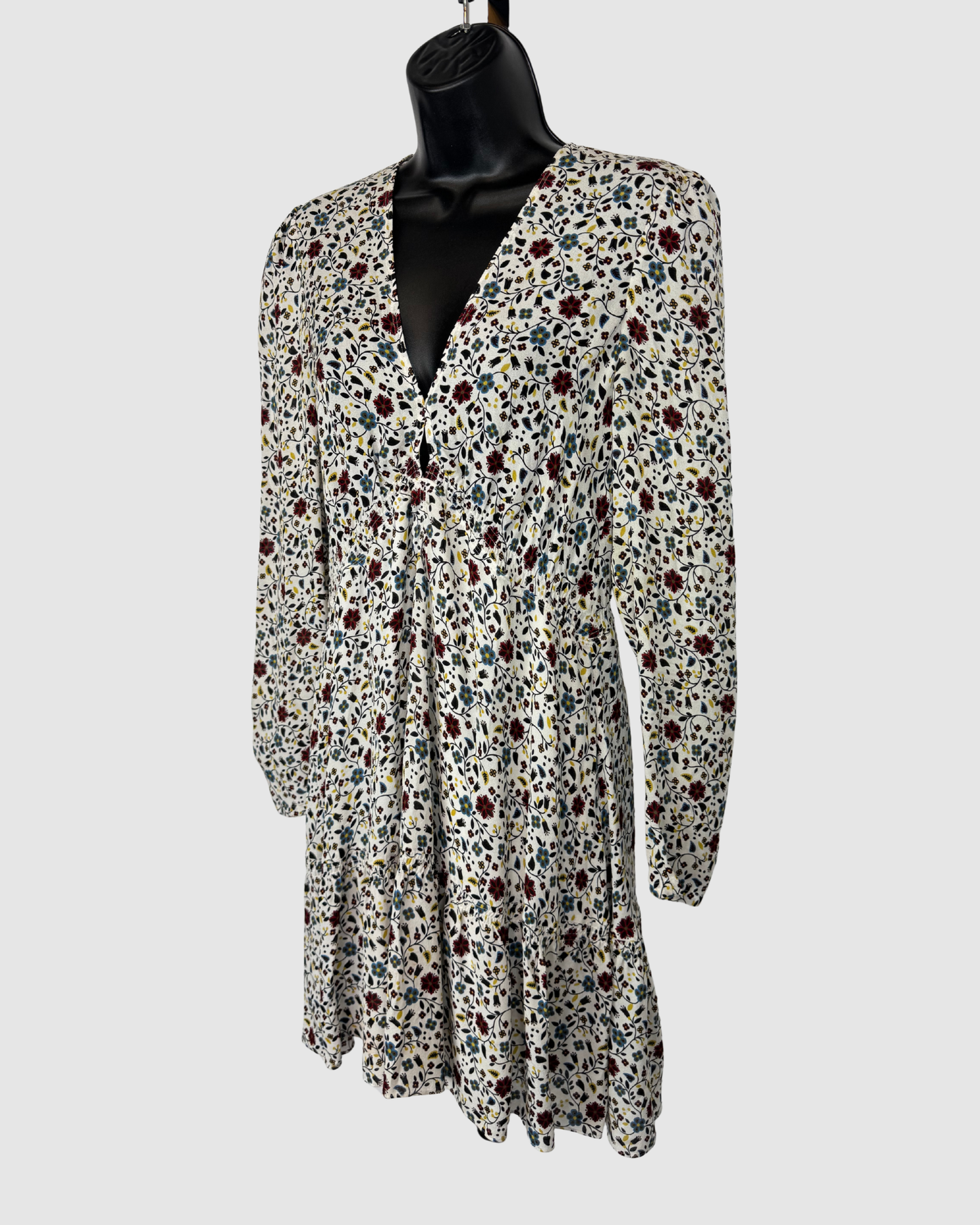 ALC Silk White Long Sleeve V-Neck Mini Dress w/ Red Blue & Yellow Floral Print ALC Silk White Long Sleeve V-Neck Mini Dress w/ Red Blue & Yellow Floral Print