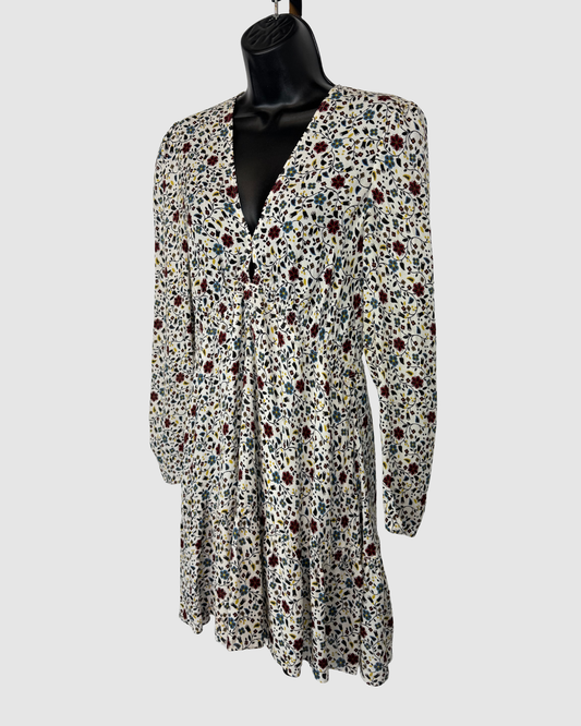 ALC Silk White Long Sleeve V-Neck Mini Dress w/ Red Blue & Yellow Floral Print
