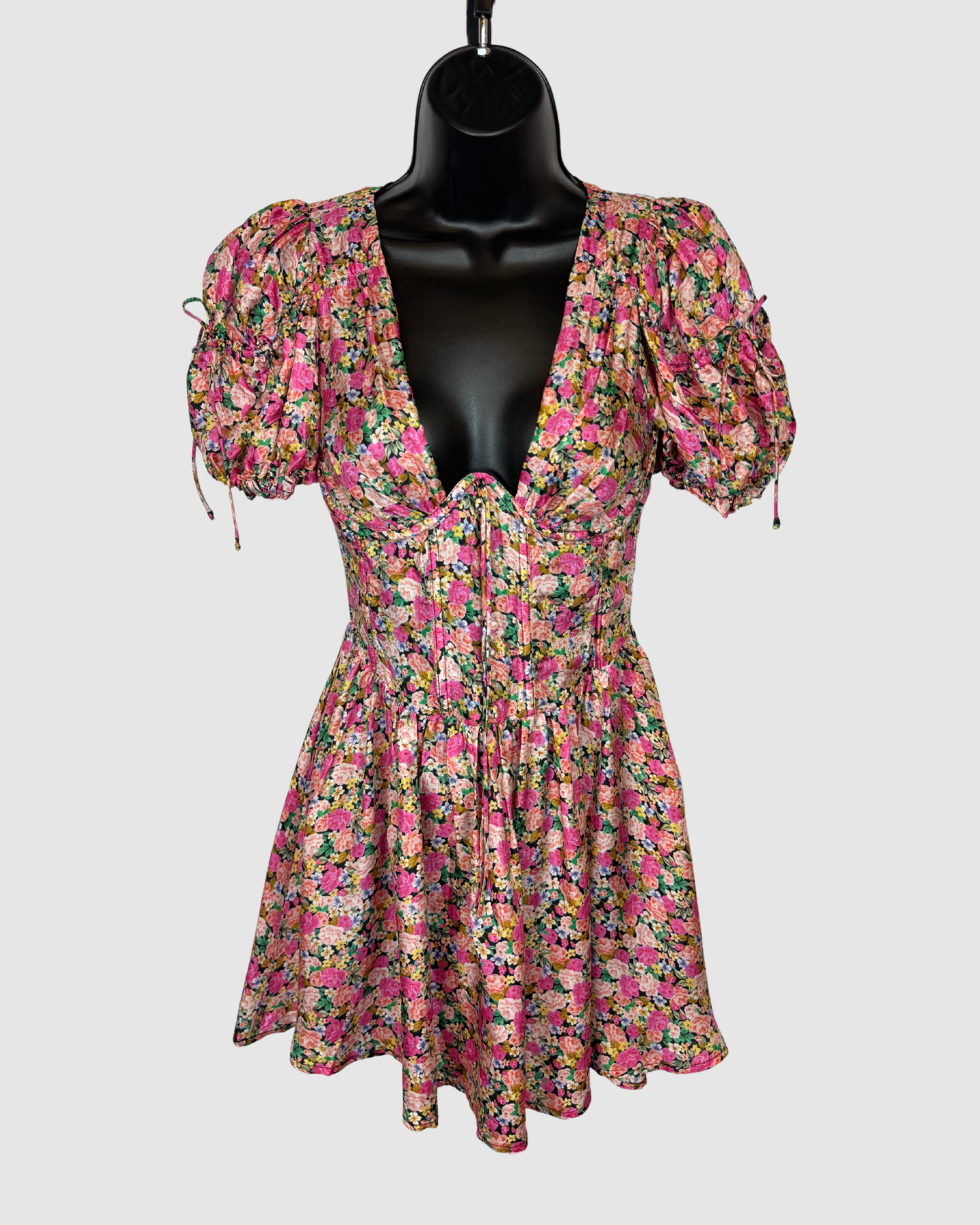 For Love & Lemons Pink Multi Floral Short Puff Sleeve Corset Mini Dress
