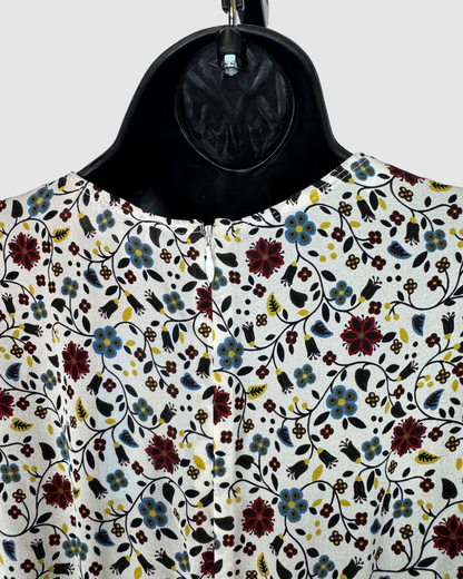 ALC Silk White Long Sleeve V-Neck Mini Dress w/ Red Blue & Yellow Floral Print