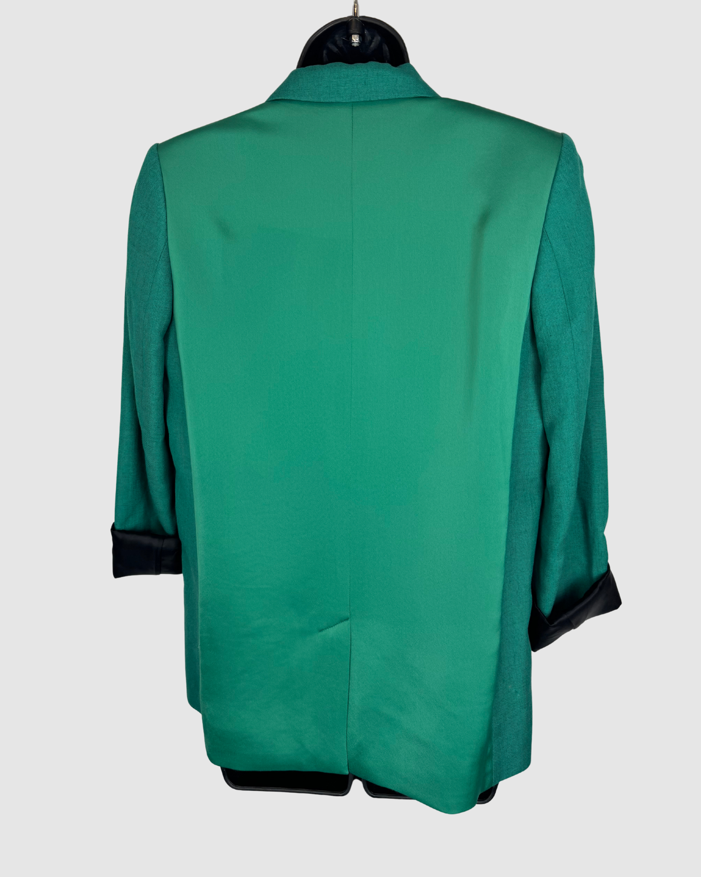 Victoria Beckham Lined Emerald Green Satin Black Trim Single Clasp Blazer