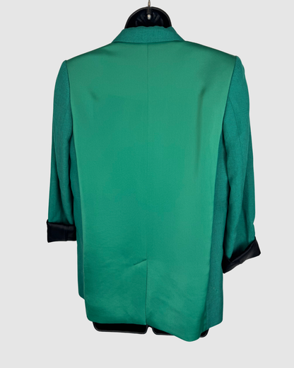 Victoria Beckham Lined Emerald Green Satin Black Trim Single Clasp Blazer