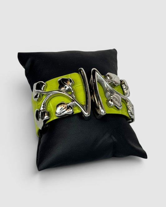 Van Der Bauwede Charteuse Leather & Silver Motif Cuff