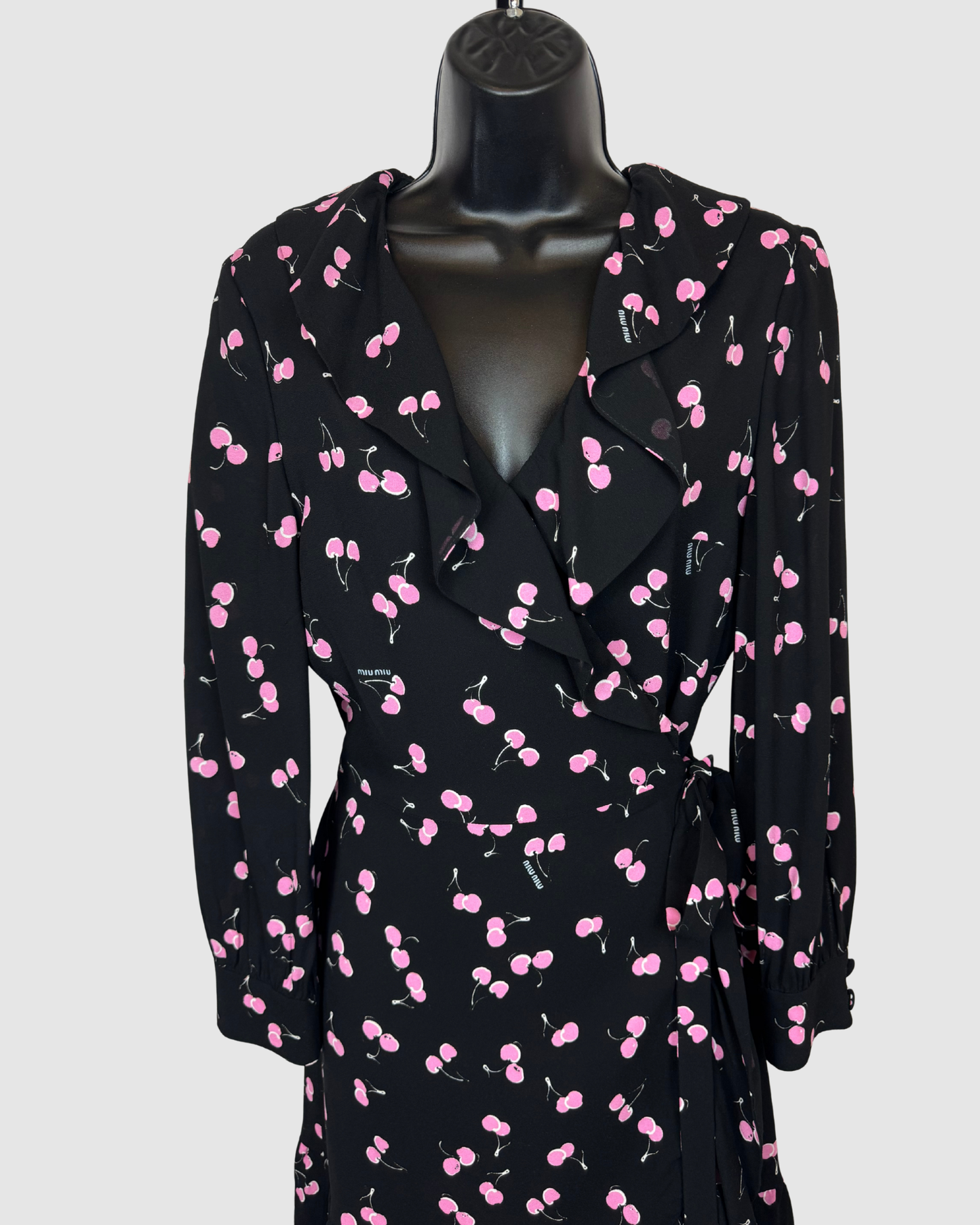 Miu Miu Black w Pink Cherry Print Ruffle Knee-Length Wrap Dress