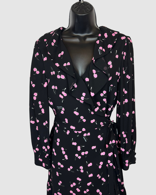 Miu Miu Black w Pink Cherry Print Ruffle Knee-Length Wrap Dress