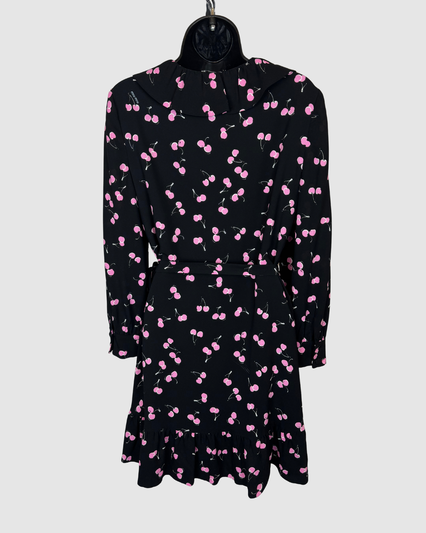 Miu Miu Black w Pink Cherry Print Ruffle Knee-Length Wrap Dress