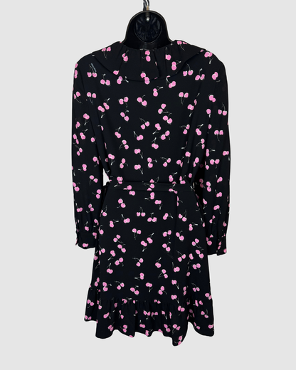 Miu Miu Black w Pink Cherry Print Ruffle Knee-Length Wrap Dress