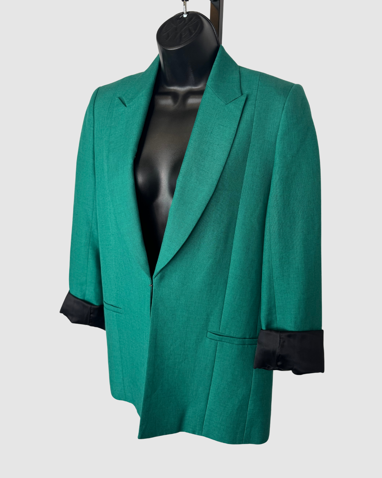 Victoria Beckham Lined Emerald Green Satin Black Trim Single Clasp Blazer