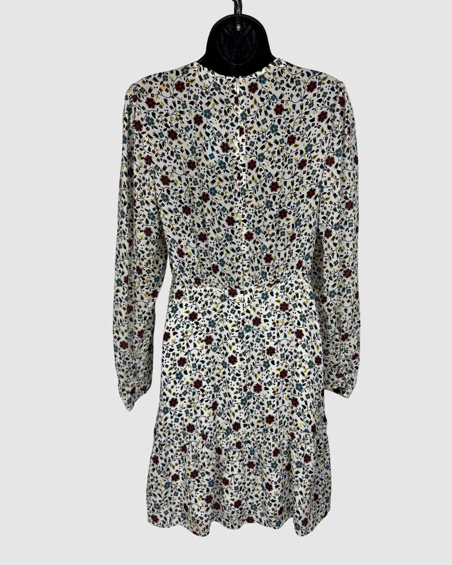 ALC Silk White Long Sleeve V-Neck Mini Dress w/ Red Blue & Yellow Floral Print ALC Silk White Long Sleeve V-Neck Mini Dress w/ Red Blue & Yellow Floral Print