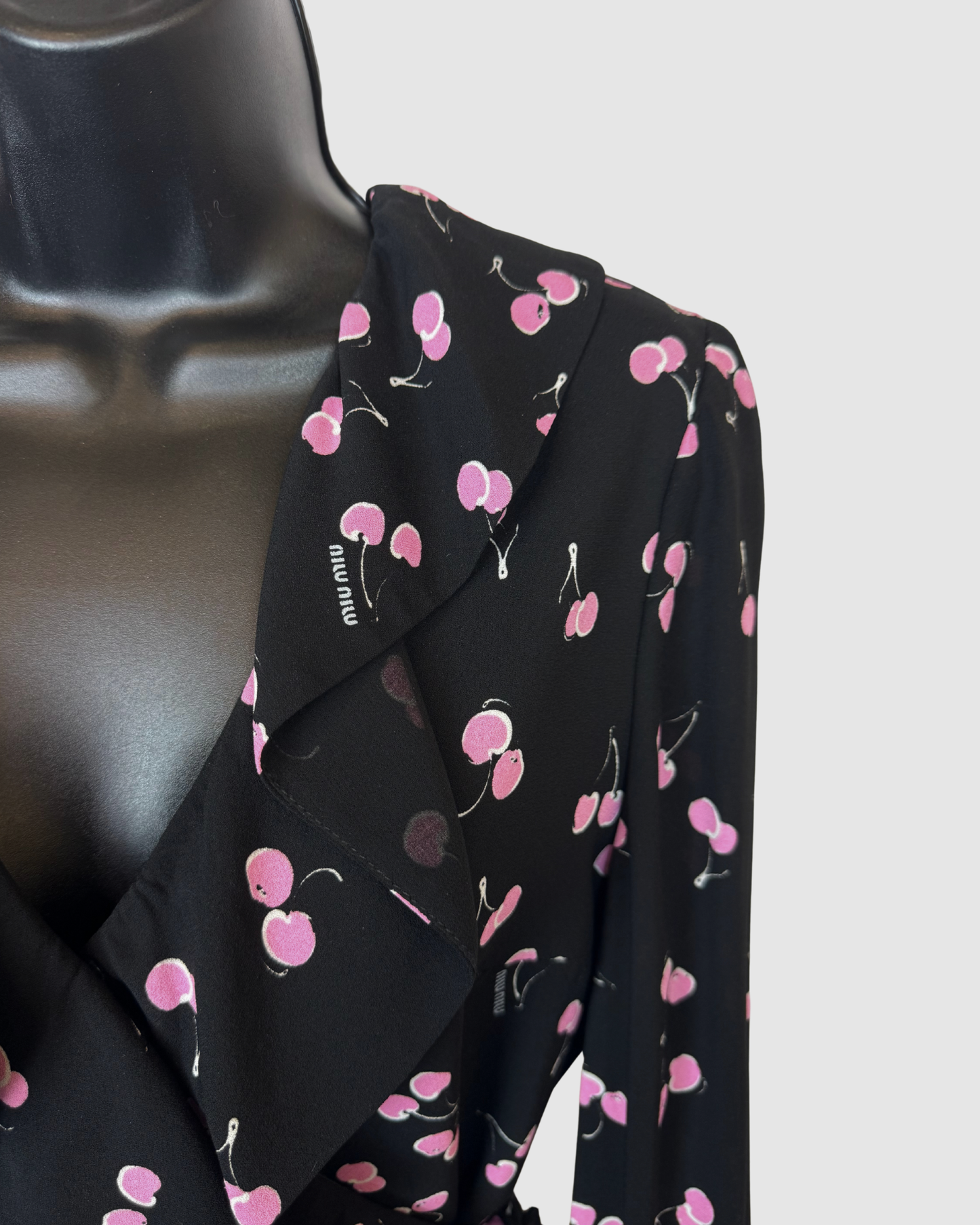 Miu Miu Black w Pink Cherry Print Ruffle Knee-Length Wrap Dress