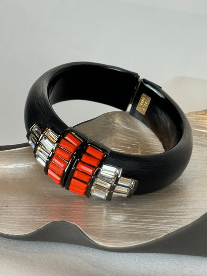 Alexis Bittar Black Matte Salmon Crystal Beaded Magnetic Bangle Bracelet