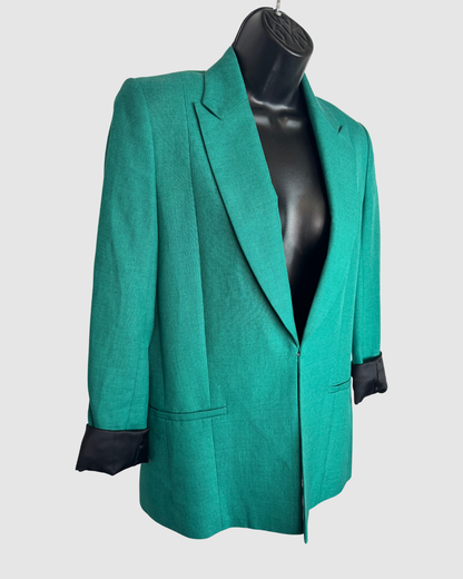 Victoria Beckham Lined Emerald Green Satin Black Trim Single Clasp Blazer