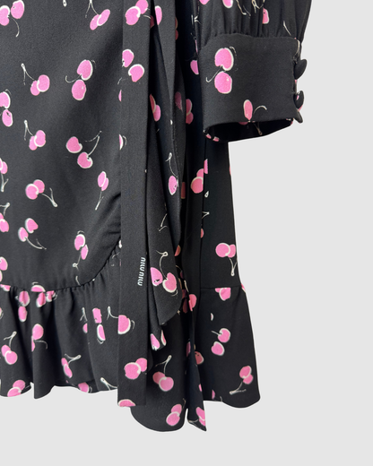 Miu Miu Black w Pink Cherry Print Ruffle Knee-Length Wrap Dress