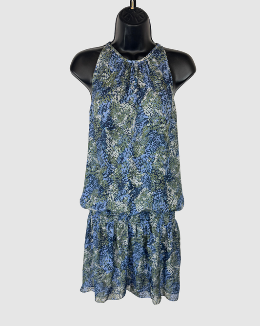 Ramy Brook Silk Blue Green Print Halter-Neck Smocked Waist Mini Dress