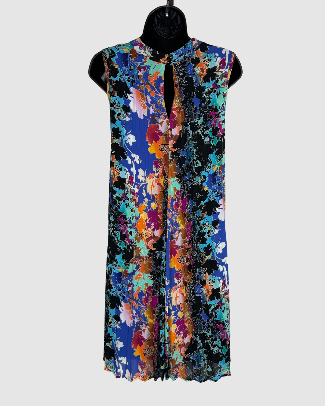 Nicole by Nicole Miller Black w/ Multi Colored Floral Sleeveless Pleated Knee-Length Dress