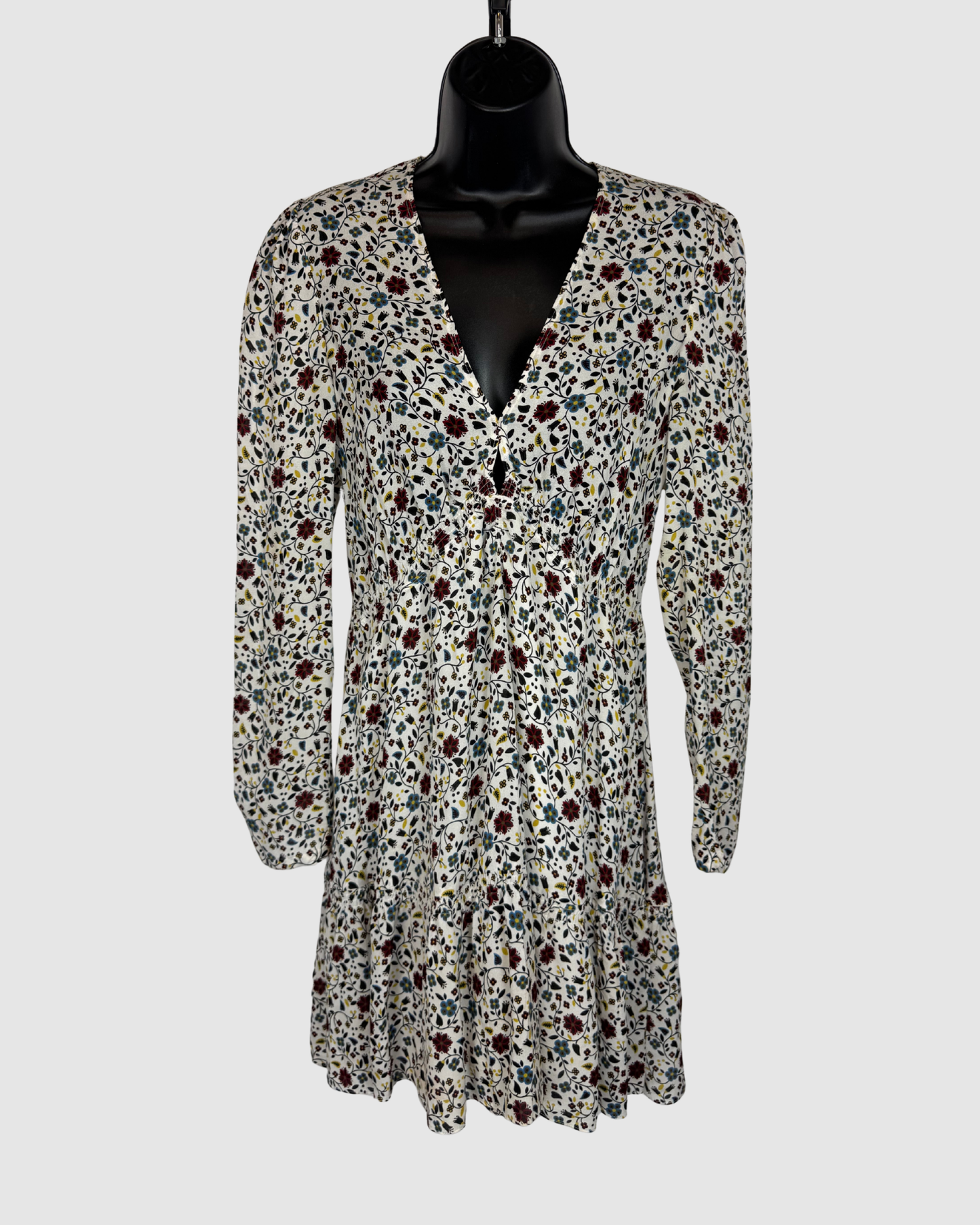ALC Silk White Long Sleeve V-Neck Mini Dress w/ Red Blue & Yellow Floral Print ALC Silk White Long Sleeve V-Neck Mini Dress w/ Red Blue & Yellow Floral Print