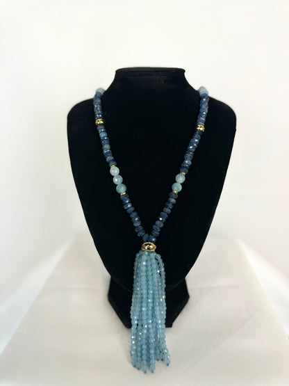 Nest Aquamarine Stone & Bead Double Tassel Strand Necklace