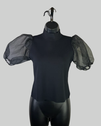 House of Harlow Black Knit Short Puff Sheer Sleeve Turtleneck Top
