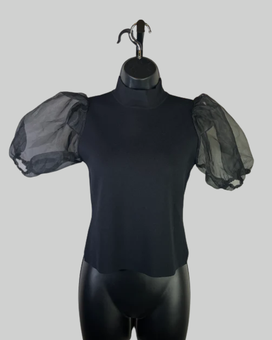 House of Harlow Black Knit Short Puff Sheer Sleeve Turtleneck Top