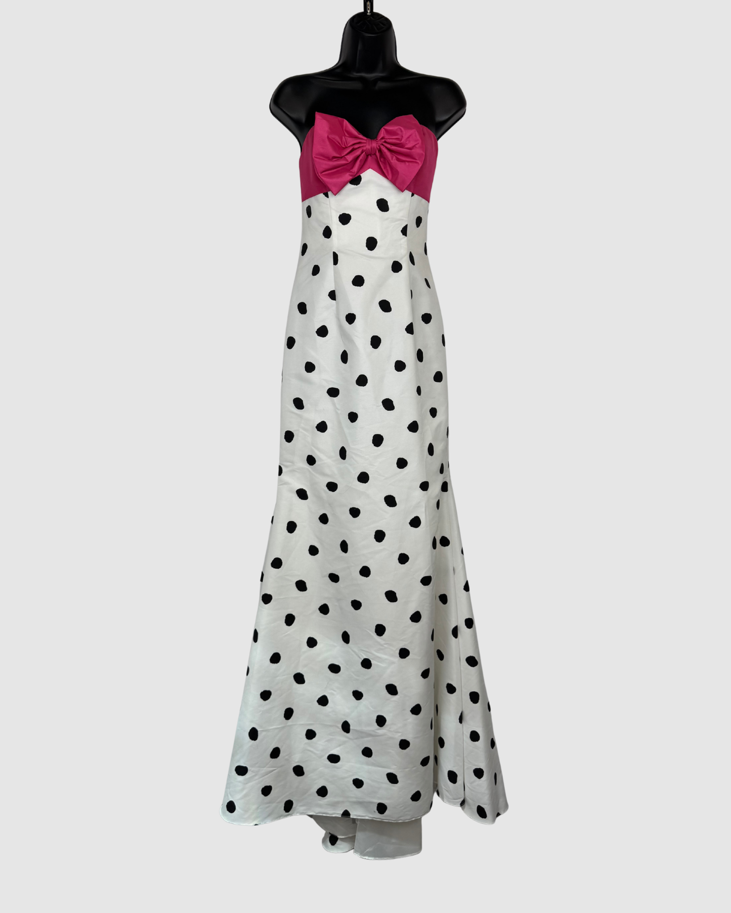 Jovani White Black Polka Dot Pink Bow Neckline Strapless Gown