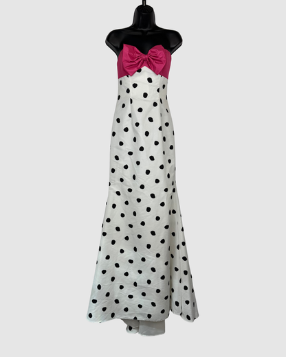 Jovani White Black Polka Dot Pink Bow Neckline Strapless Gown