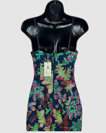 Ramy Brook Navy Mesh w/ Embroidered & Sequin Floral Print Spaghetti Strap Midi Dress NWT