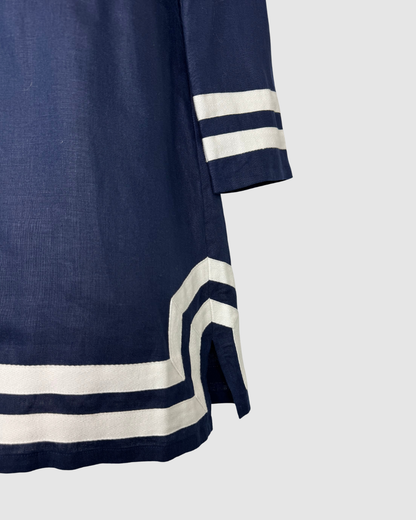 Sail to Sable Linen Navy w White Trim V-Neck Long Sleeve Knee-Length Dress NWT