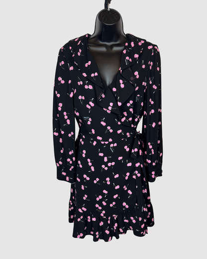 Miu Miu Black w Pink Cherry Print Ruffle Knee-Length Wrap Dress