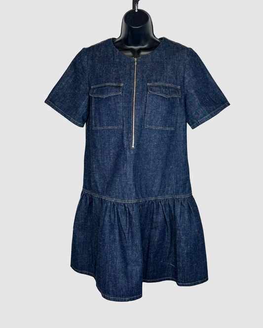 SUNO Dark Denim Short Sleeve Double Breasted 1/2 Zip Ruffle Hem Mini Dress
